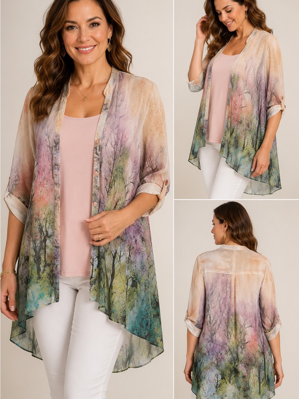 Orange Fashion - Watercolor Chiffon Hi-Low Blouse/Duster + Bamboo Tank Set -SzSM